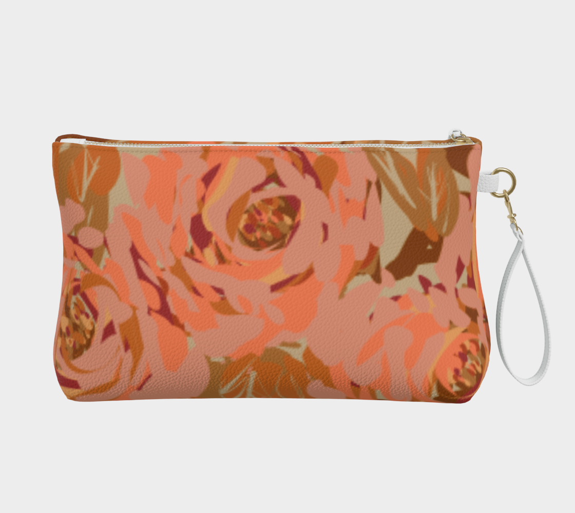 Back view of the Queen of Petals Copper Sunset vegan leather clutch, showing the continuous floral pattern and smooth vegan leather.