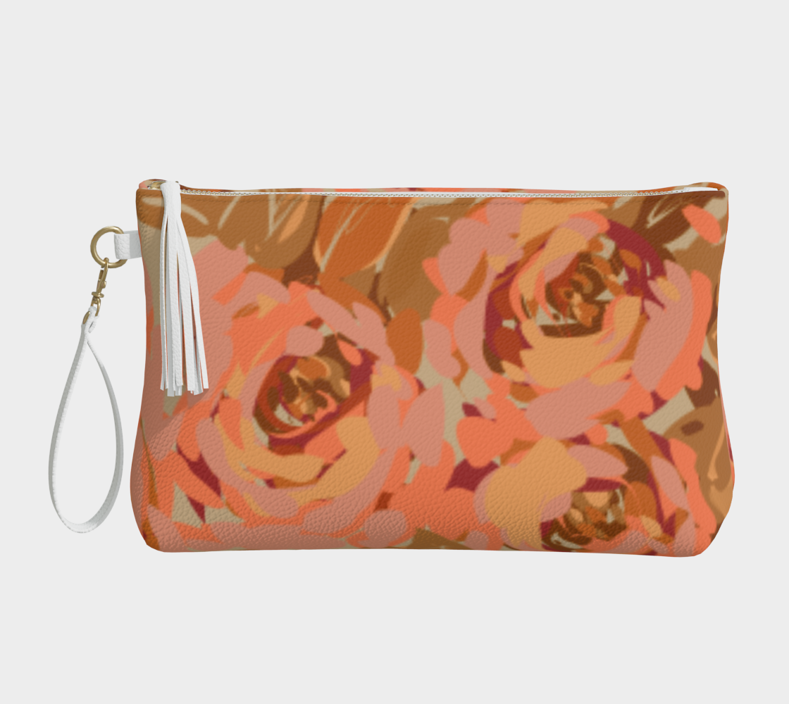 Front view of the Queen of Petals Copper Sunset vegan leather clutch, showcasing the rich floral pattern and elegant pebble finish.