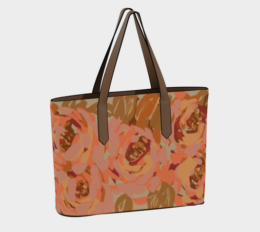 Queen of Petals Copper Sunset Vegan Leather Tote, back view, showing structured 18 by 12 inch design