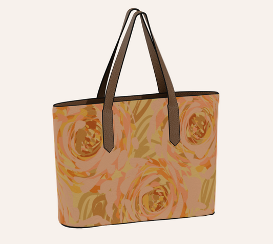 Queen of Petals Apricot Blooms Vegan Leather Tote Bag back view showing professional design