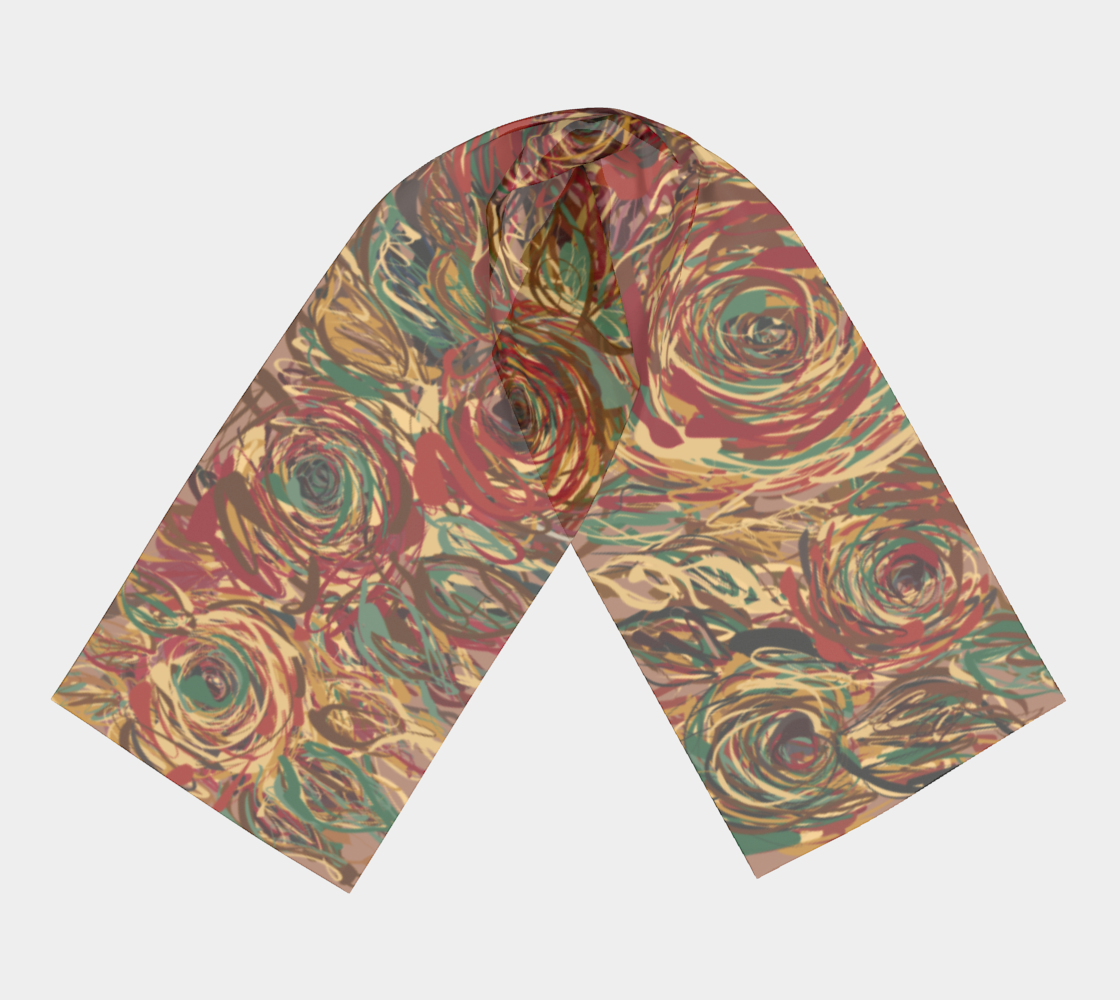 Queen of Petals Boho Roses Long Silk Scarf, full view, painterly roses in golden ochre, rust, teal, and burgundy