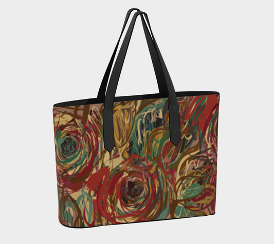 Queen of Petals Boho Roses Vegan Leather Tote Bag, back view showing structured design