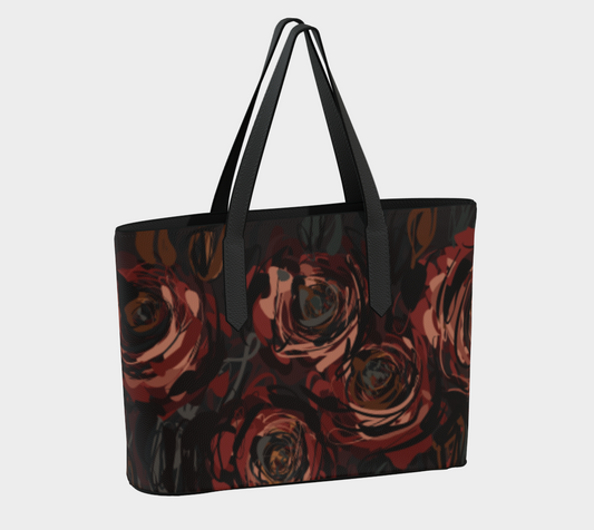 Queen of Petals Château Noir Vegan Leather Tote Bag, back view, pebble leather texture