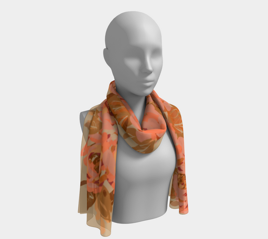 Queen of Petals Copper Sunset Long Silk Scarf, styled as shoulder throw, displaying elegant drape