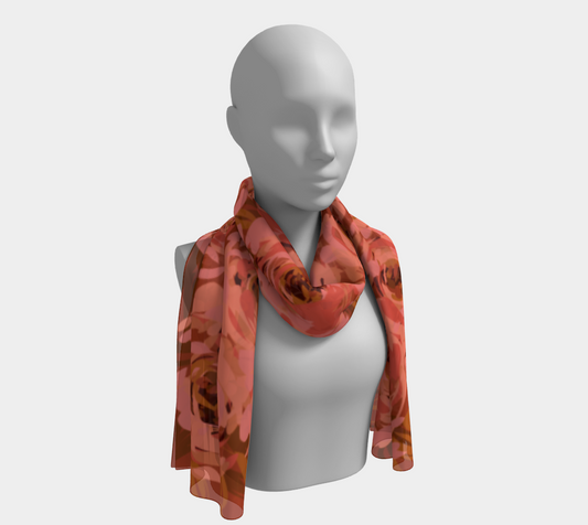 Queen of Petals Coral Bronze Long Silk Scarf worn as shoulder throw, silk draping naturally