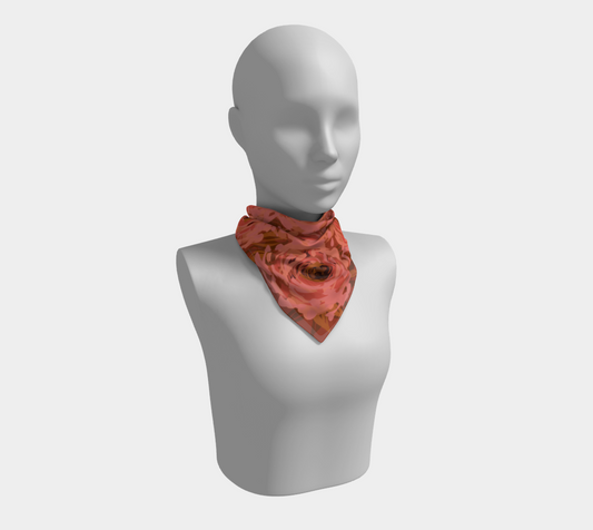 Queen of Petals Coral Bronze Square Silk Scarf, 16 inch square size, detailed pattern view