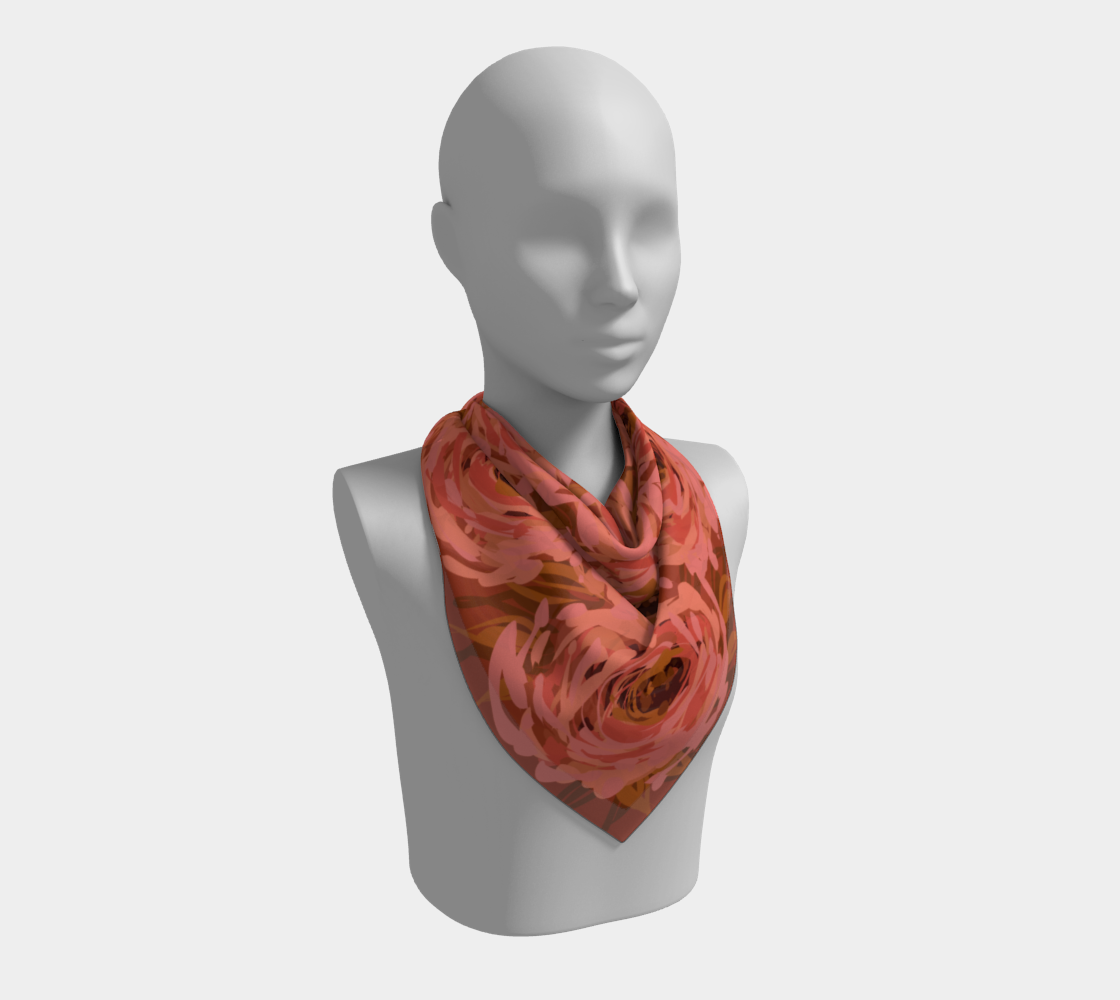 Queen of Petals Coral Bronze Square Silk Scarf, 26 inch square worn as neck accent