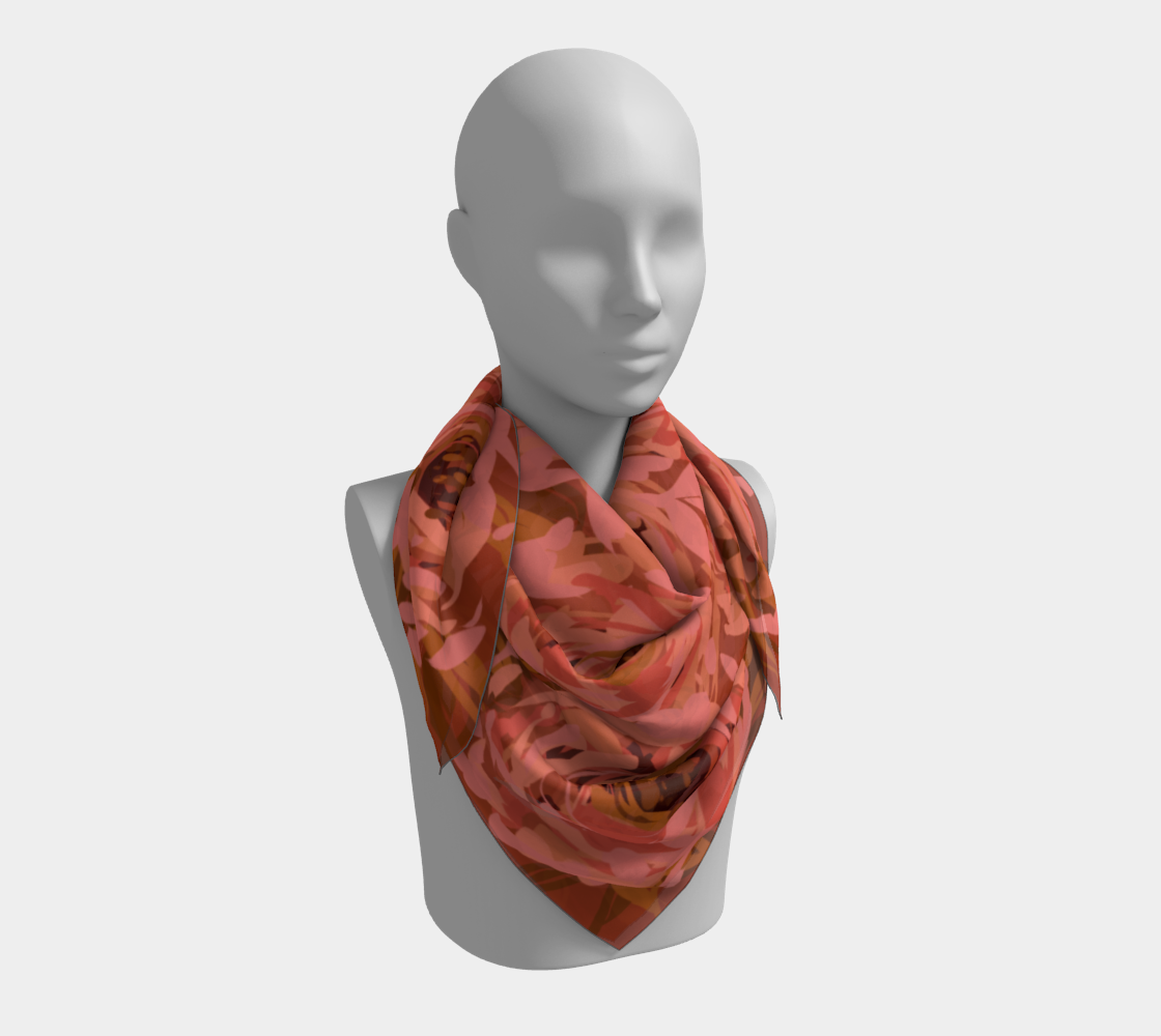 Queen of Petals Coral Bronze Square Silk Scarf, 36 inch square draped on shoulders