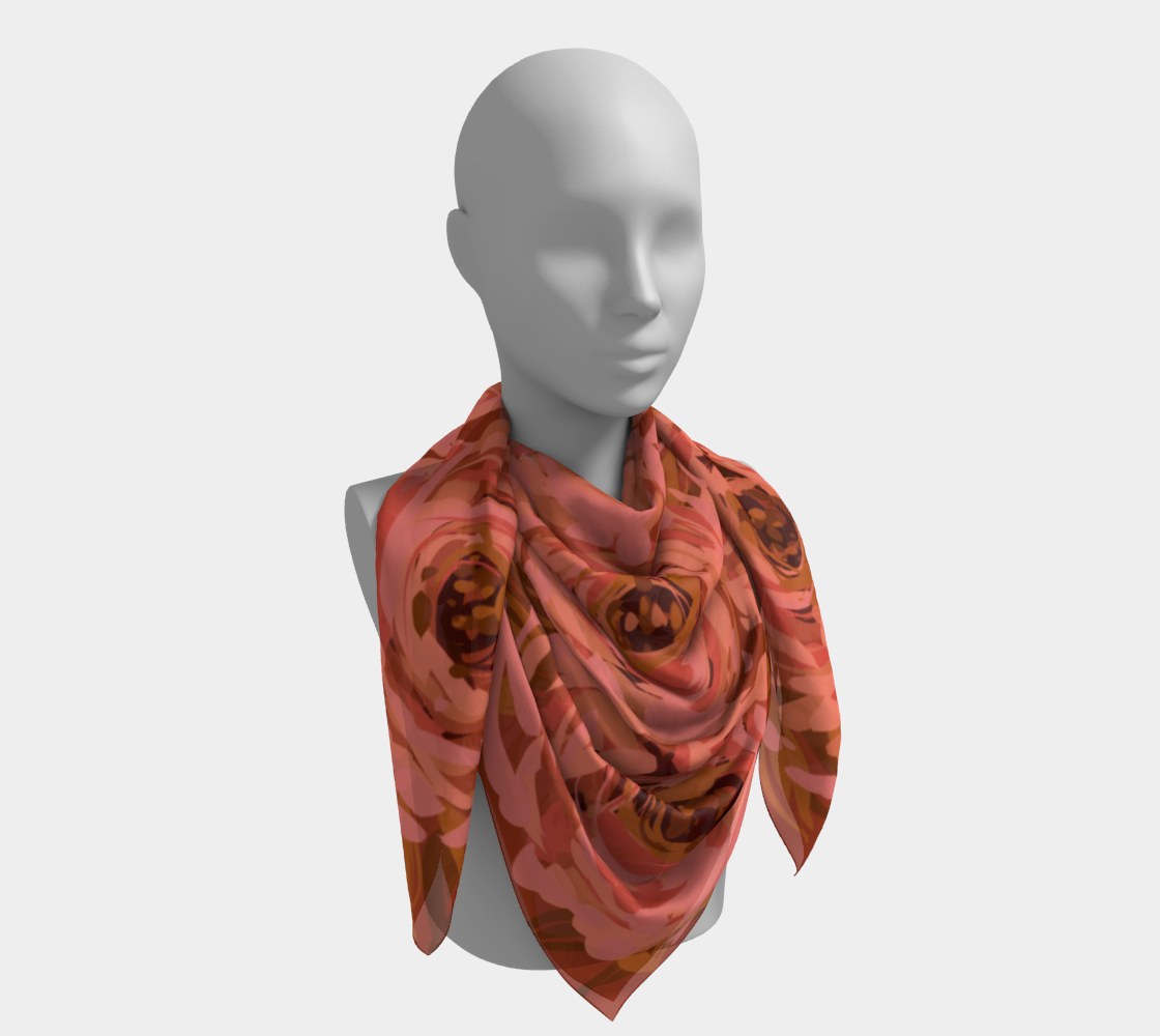 Queen of Petals Coral Bronze Square Silk Scarf, 50 inch square worn as wrap