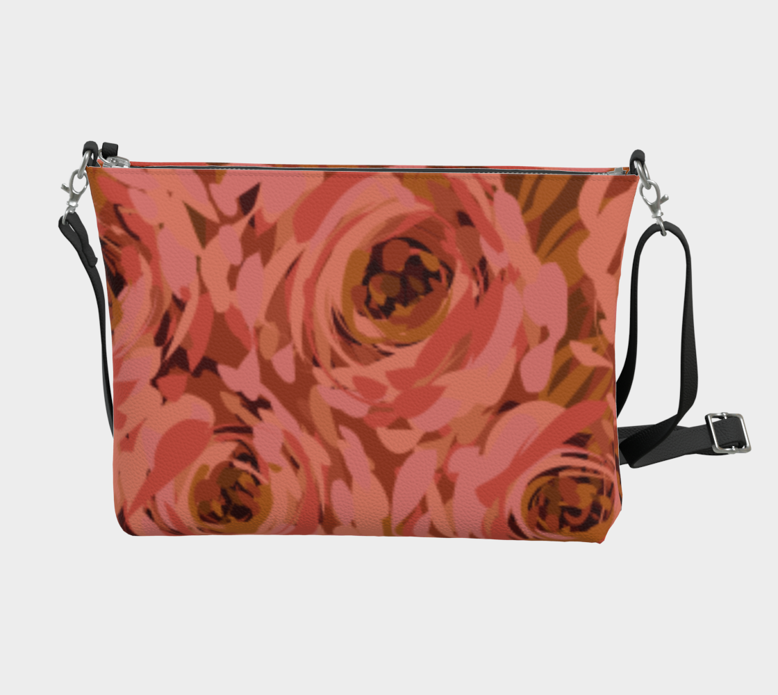 Queen of Petals Coral Bronze Vegan Leather Crossbody, back view showing strap attachment