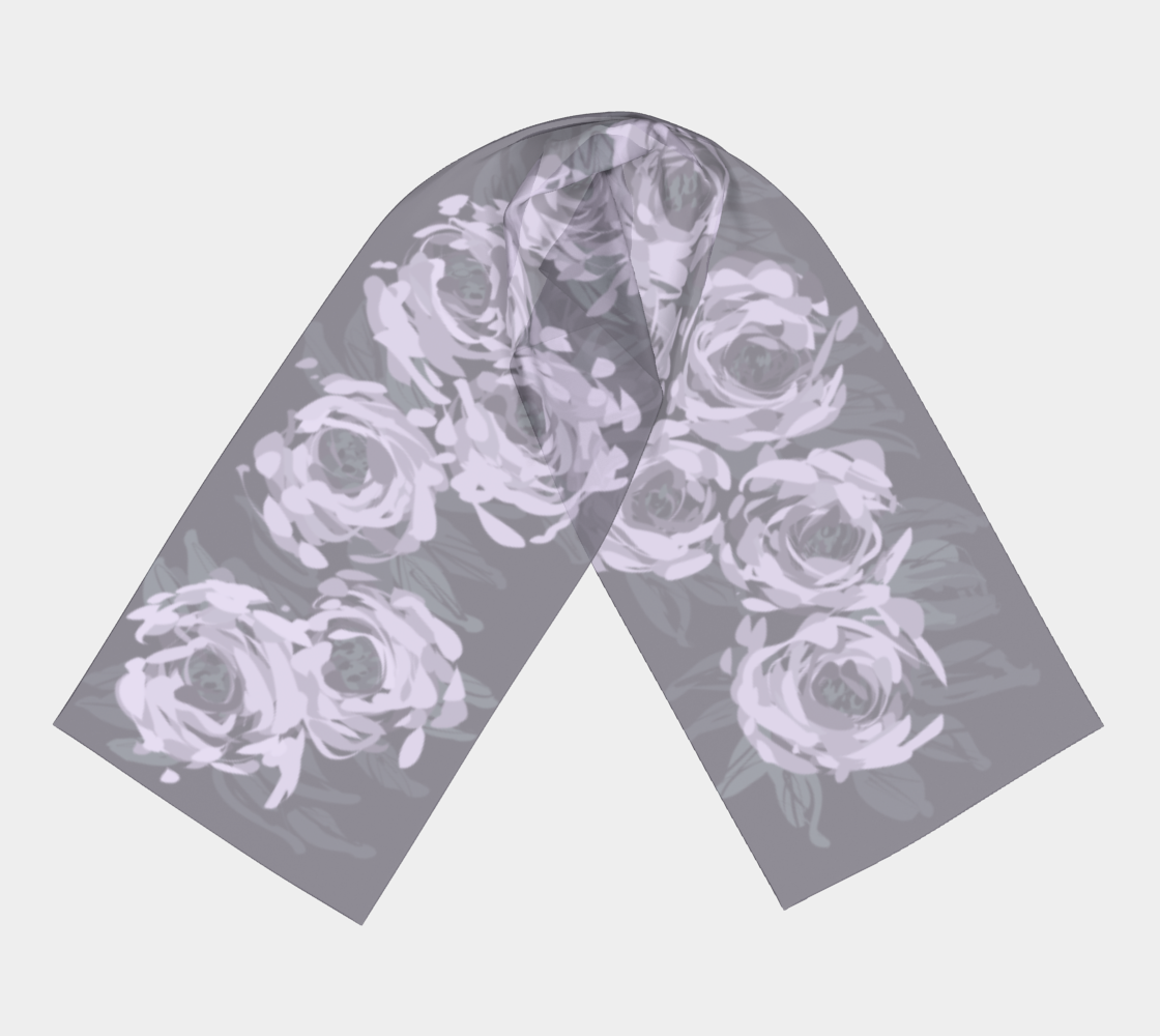 Queen of Petals Lavender Smoke Long Silk Scarf, full view, muted lavender and pearl gray silk charmeuse