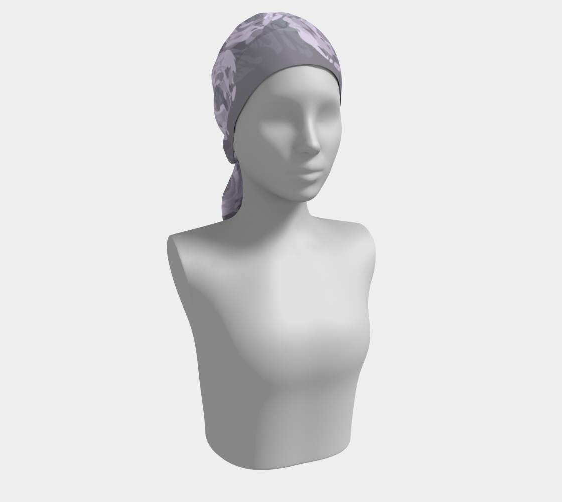 Queen of Petals Lavender Smoke Long Silk Scarf styled as head wrap, muted lavender tones