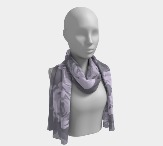 Queen of Petals Lavender Smoke Long Silk Scarf worn as shoulder throw, muted lavender silk