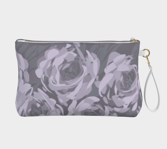Queen of Petals Lavender Smoke Vegan Leather Clutch, back view, decorative tassel detail