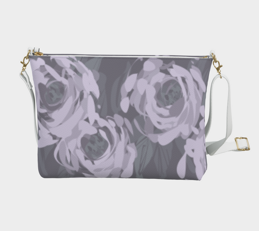 Queen of Petals Lavender Smoke Vegan Leather Crossbody Purse, back view, metal zipper closure