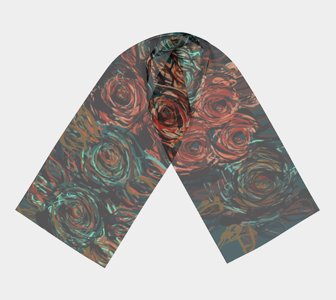 Queen of Petals Patina Long Silk Scarf, full view, featuring oxidized teal, weathered copper, sage green, and bronze tones