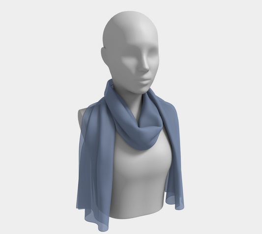 Queen of Petals steel blue long silk scarf draped as shoulder throw