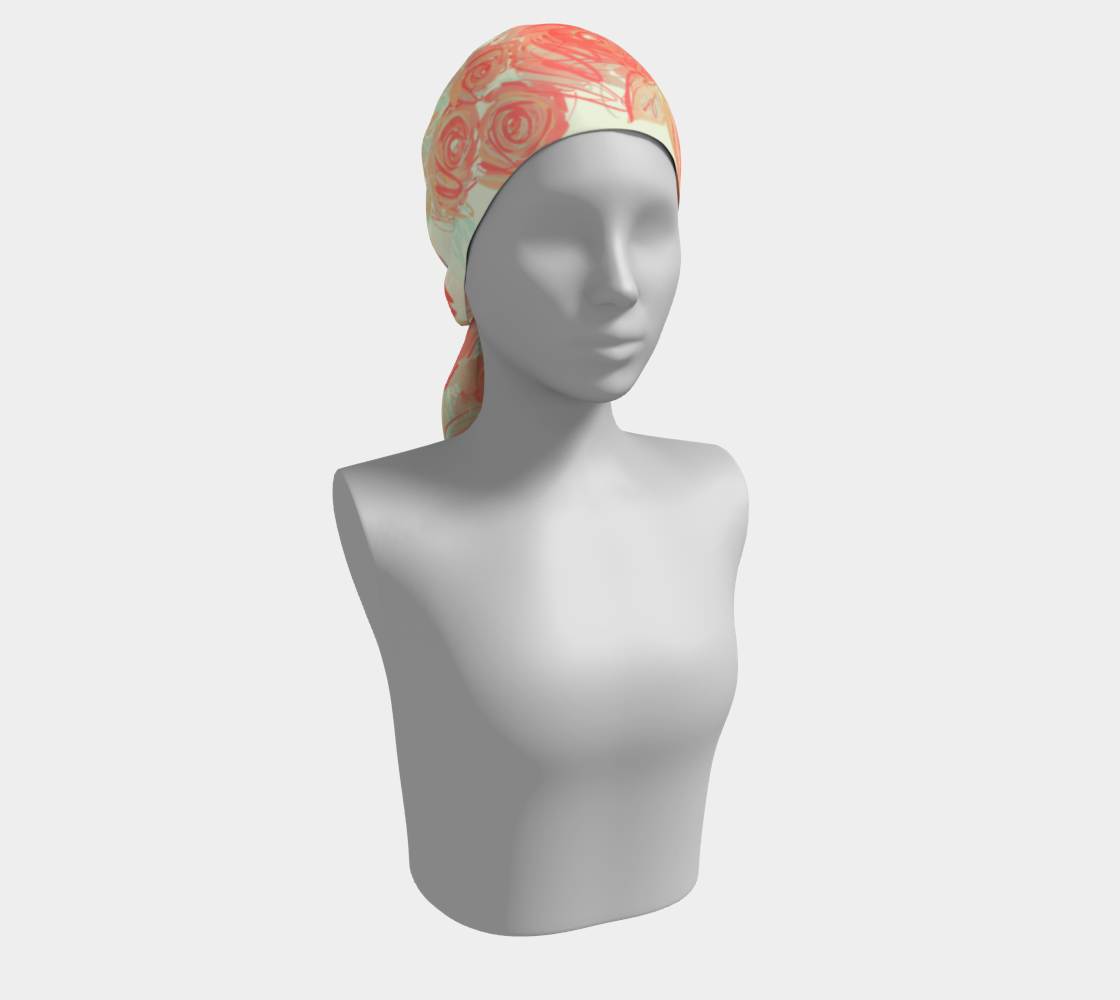 Model styling Xyla long silk scarf as headscarf, featuring painterly coral roses with mint and clay accents in graceful drape