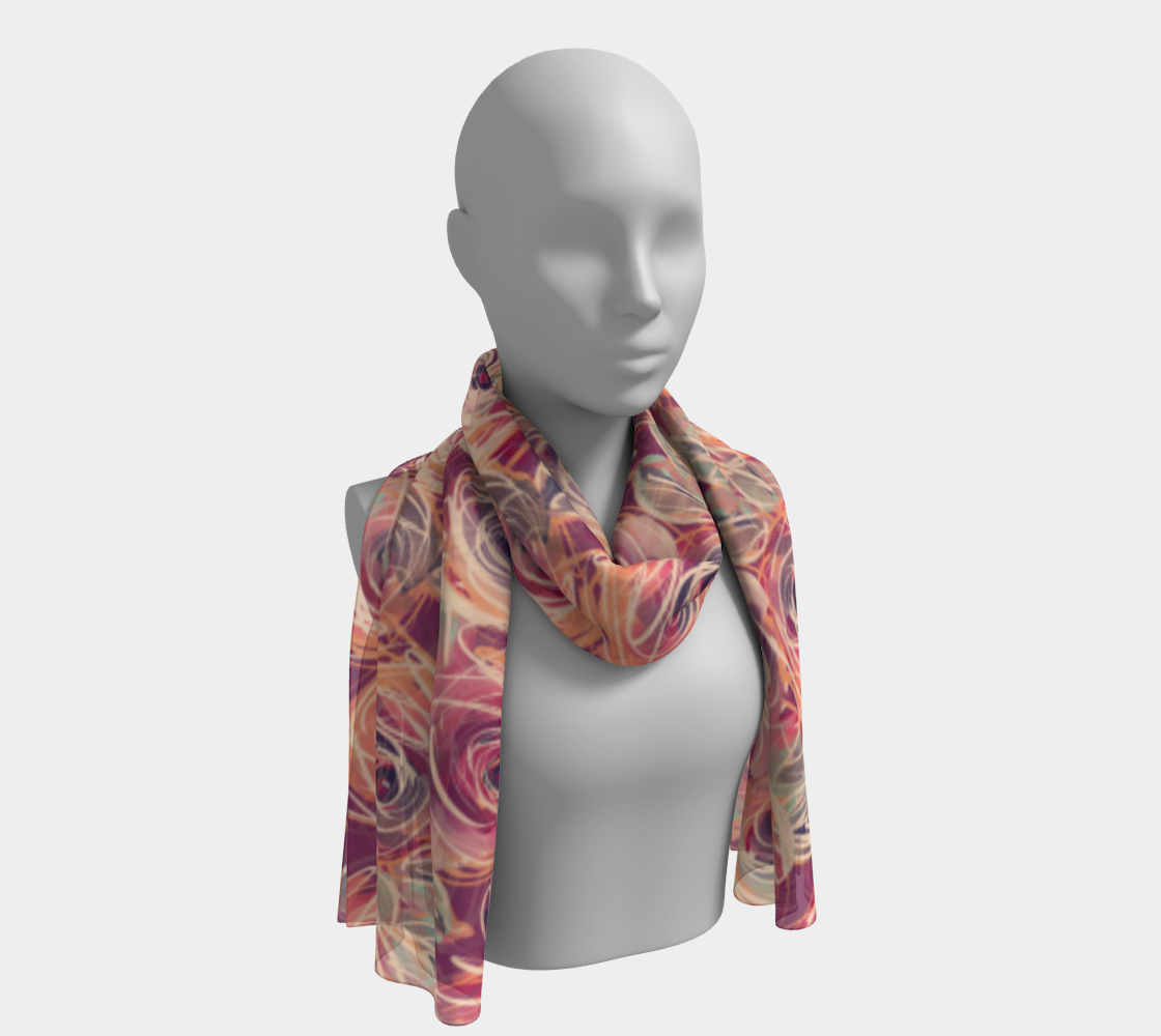 Model wearing the Zenith Rose long silk scarf elegantly draped around her neck, showcasing bold floral patterns and soft sheen.