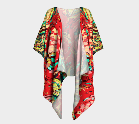 Front view of the Adelaide Collection Draped Kimono in Floral, featuring dynamic brushstrokes of red, teal, and yellow, with a modern abstract rose design, perfect for adding boho-chic style to any look.