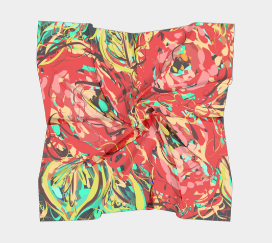 Adelaide Collection Square Scarf in Floral, flat view showcasing vibrant reds, teals, and yellows with dynamic brushstrokes and intricate swirls. A bold and artistic scarf perfect for adding a touch of modern elegance to any outfit.