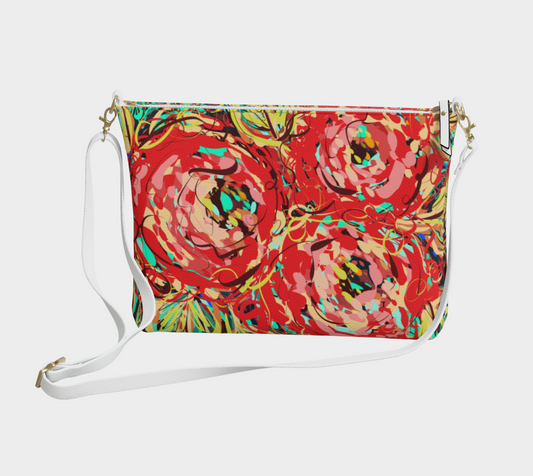 Adelaide Collection Vegan Leather Crossbody Purse in Floral, front view. Featuring bold florals in reds, teals, and yellows with dynamic brushstrokes, crafted from textured vegan leather with durable metal hardware for a chic, modern accessory.