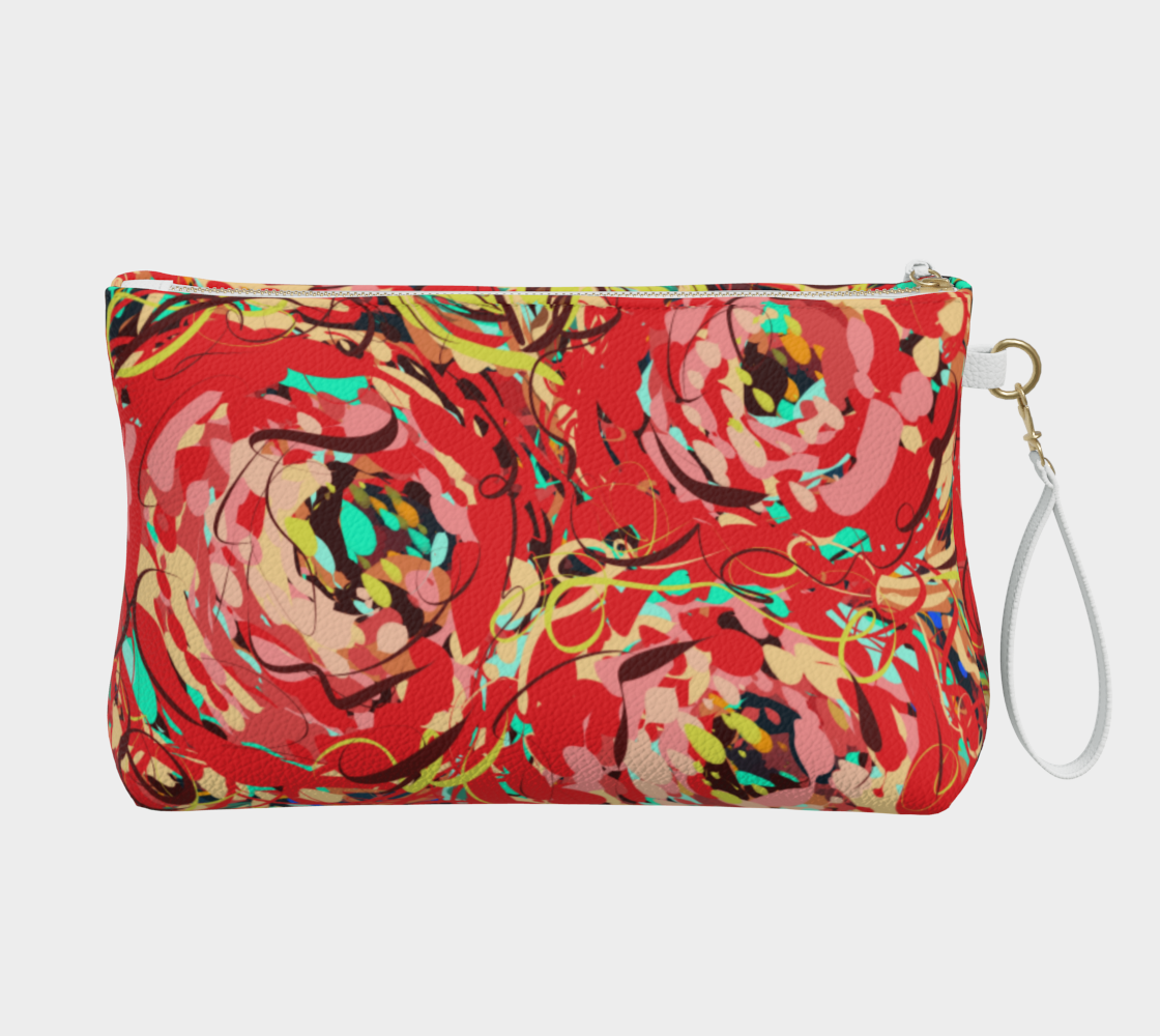 Adelaide Collection Vegan Leather Makeup Bag in Floral, back view. The chic floral design in striking reds, teals, and yellows is printed on durable vegan leather, with heavy-duty metal hardware and a wristlet strap for convenient, on-the-go use.