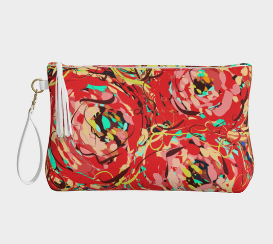 Adelaide Collection Vegan Leather Makeup Bag in Floral, front view. Featuring vibrant reds, teals, and yellows with dynamic brushstrokes, this textured vegan pebble leather bag offers both style and functionality, perfect for keeping your daily essentials organized.