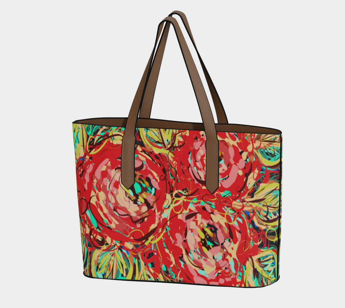 Adelaide Collection Vegan Leather Tote Bag in Floral, front view. Featuring bold, expressive florals in reds, teals, and yellows, this spacious tote is crafted from premium vegan pebble leather. Designed to carry all your essentials with a vibrant full-color floral print made with UV inks.