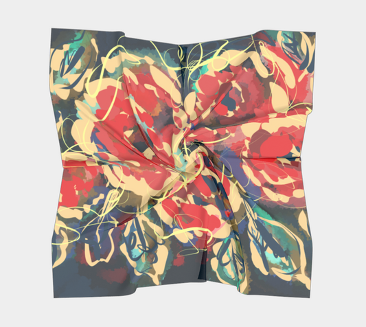 Flat view of the Anouk Collection Square Scarf in Floral, showcasing bold florals in deep reds, teals, and neutrals. The perfect way to add a touch of art to any outfit with its expressive and timeless design.