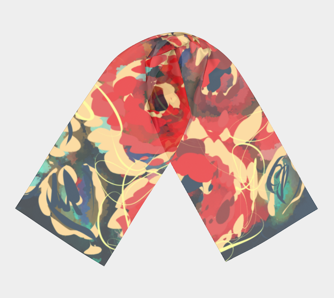 Flat view of the Anouk Collection long floral scarf featuring bold strokes of deep reds, teals, and soft neutrals. Crafted from 100% polyester fabric with a smooth surface and gentle luster, this scarf radiates energy and sophistication, adding an artistic touch to any outfit. Hand-sewn in Montreal with vivid prints that won't fade.