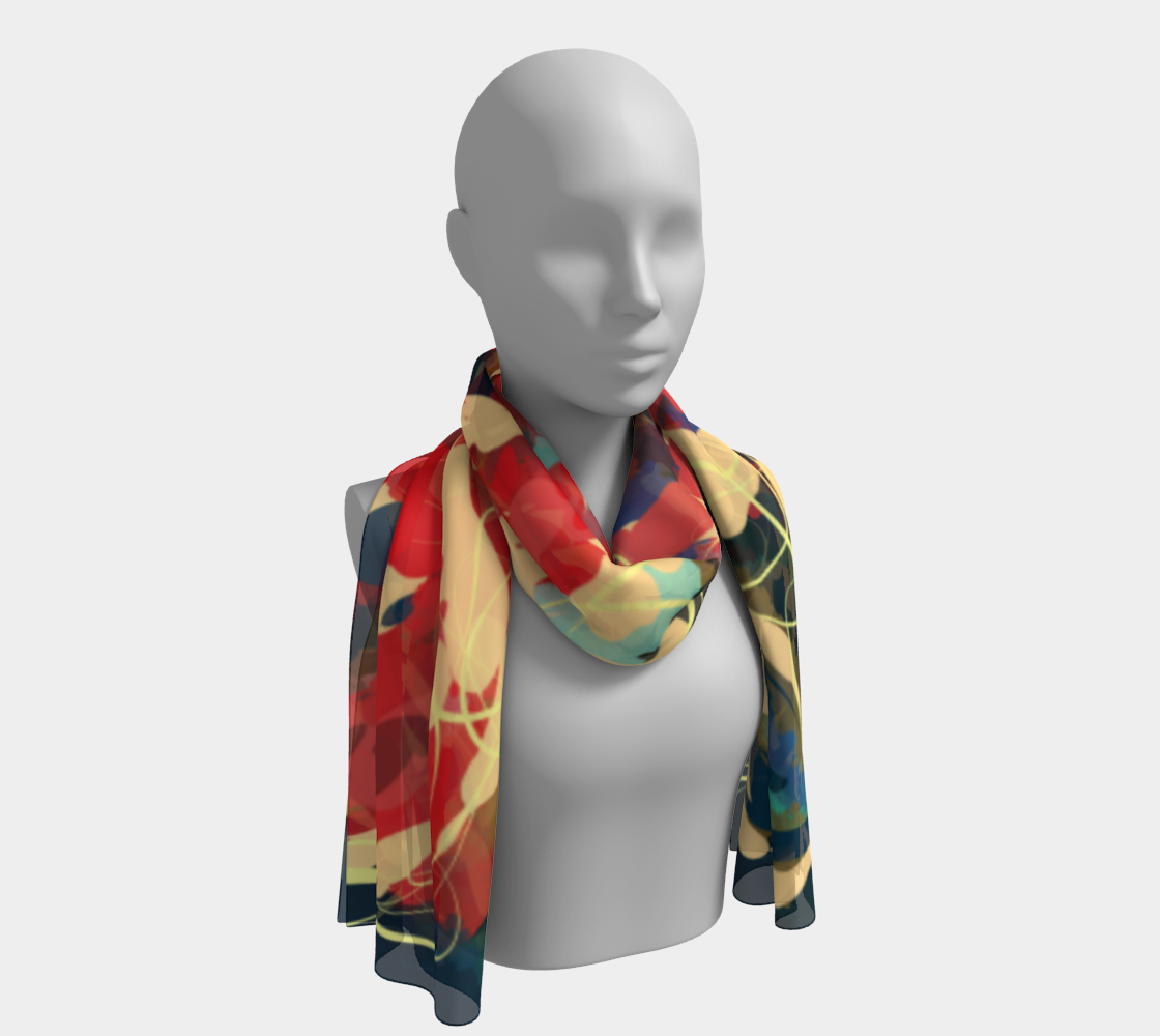 Anouk Collection long floral scarf draped around the shoulder, showcasing its fluid and beautifully soft drape. The scarf features vibrant reds, teals, and neutral tones, offering a stylish way to express individuality and free-spirited elegance. Made from soft polyester fabric with a silk-like feel.