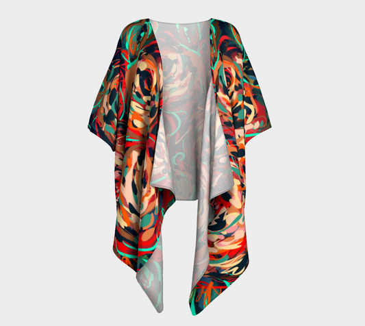 Front view of the Blythe Collection Draped Kimono in Floral Abstract Design with hand-painted roses in vibrant red, teal, and earthy tones.