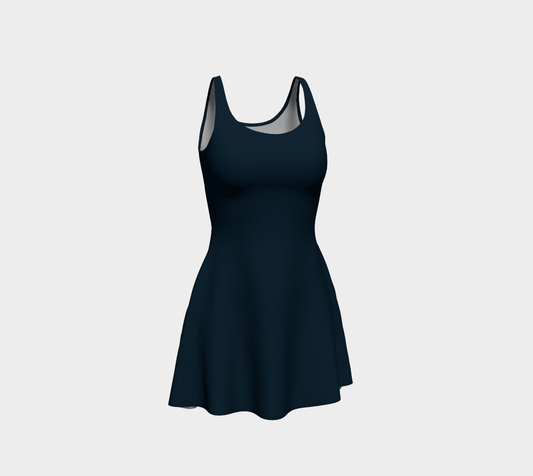 Blythe Collection Flare Dress in Midnight Sky, front view. This fitted, body-hugging dress features a flowing skirt starting at the waist, perfect for both office meetings and dance floor nights. Crafted from eco-friendly performance knit fabric, offering comfort and style.