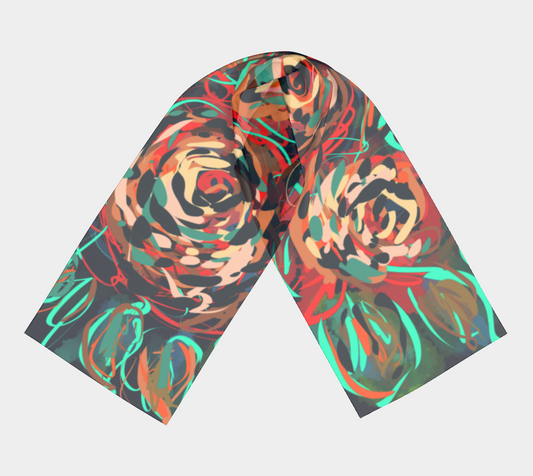 Flat view of the Blythe Collection Long Scarf in Floral Abstract Design, featuring hand-painted roses in vibrant red, teal, and earthy tones.