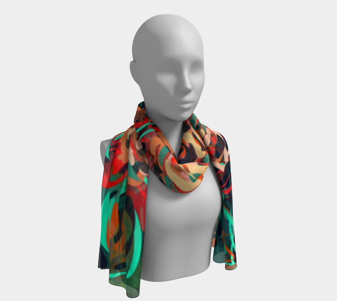 Blythe Collection Long Scarf in Floral Abstract Design wrapped over the shoulder, showcasing hand-painted roses in bold red, teal, and earthy hues.