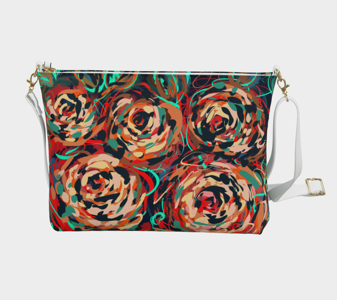 Back view of the Blythe Collection Vegan Leather Crossbody Purse in Floral Abstract Design, with vivid hand-painted roses in red, teal, and earthy hues.