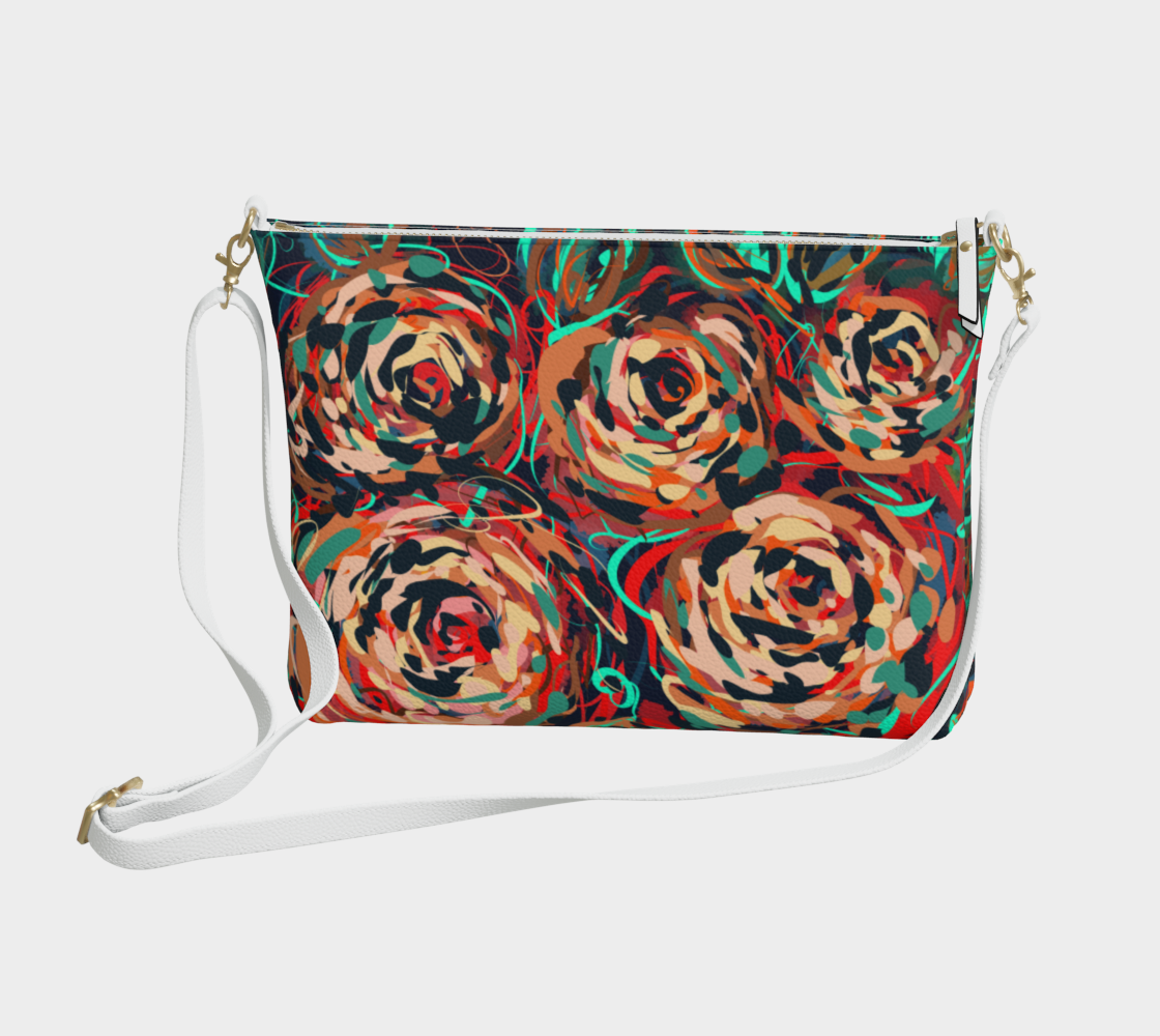 Front view of the Blythe Collection Vegan Leather Crossbody Purse in Floral Abstract Design, showcasing vibrant hand-painted roses in red, teal, and earthy tones.