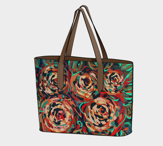 Front view of the Blythe Collection Vegan Leather Tote Bag in Floral Abstract Design, featuring hand-painted roses in vibrant red, teal, and earthy tones.