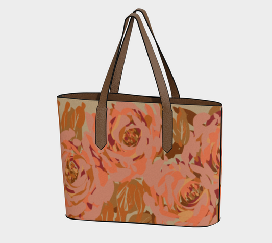 Queen of Petals Copper Sunset Vegan Leather Tote, front view, featuring warm copper pebble leather