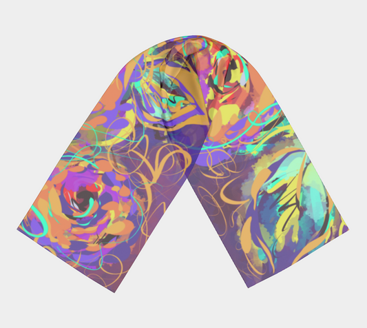 Flat view of the Cordelia Collection Long Scarf in Floral, featuring vibrant floral patterns in purple, yellow, and blue roses, showcasing the bold, artistic design.