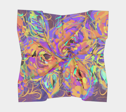 Cordelia Collection Square Scarf in Floral, flat view. Featuring bold, vibrant rose patterns in purple, yellow, and blue, this 100% polyester scarf adds artistic flair to any outfit. Its smooth surface and gentle luster mimic silk, providing a luxurious feel with every wear.