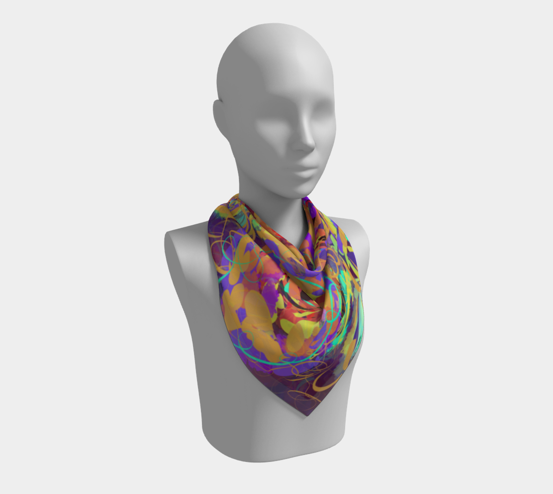 Cordelia Collection Square Scarf in Floral, 26x26 neck view. Featuring vivid rose patterns in purple, yellow, and blue, this soft, luxurious scarf elevates any look. Made from 100% polyester, it offers a silk-like drape and vibrant prints that won’t fade after washing.