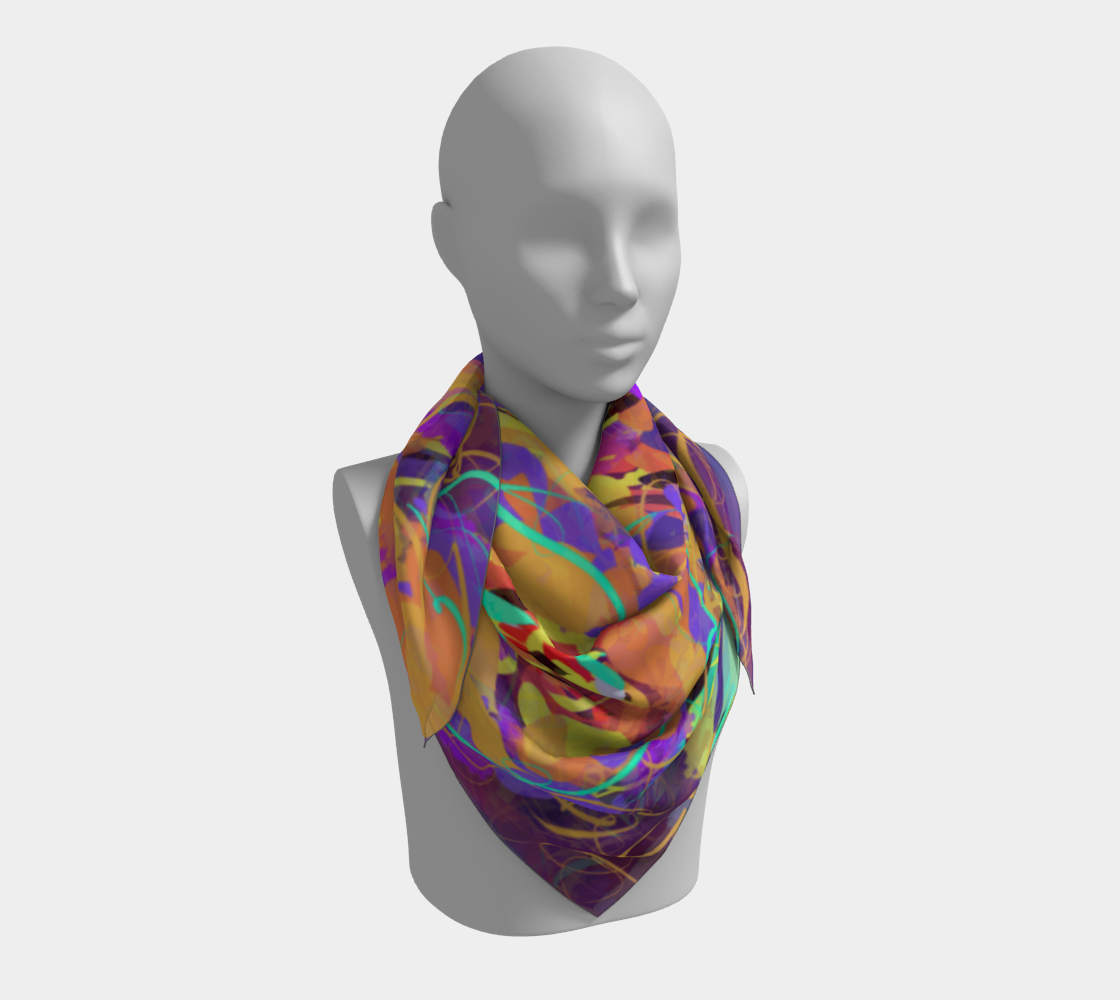 Cordelia Collection Square Scarf in Floral, 36x36 neck view. This elegant floral scarf features a mix of purple, yellow, and blue roses in bold patterns. Crafted from smooth polyester fabric, it’s soft to the touch and offers a stylish, free-spirited look for any occasion