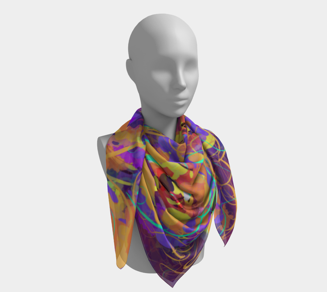 Cordelia Collection Square Scarf in Floral, 50x50 neck view. With stunning floral designs in purple, yellow, and blue, this oversized scarf adds a modern artistic touch to any outfit. Made from 100% polyester, it features a silk-like feel and vibrant, long-lasting prints.