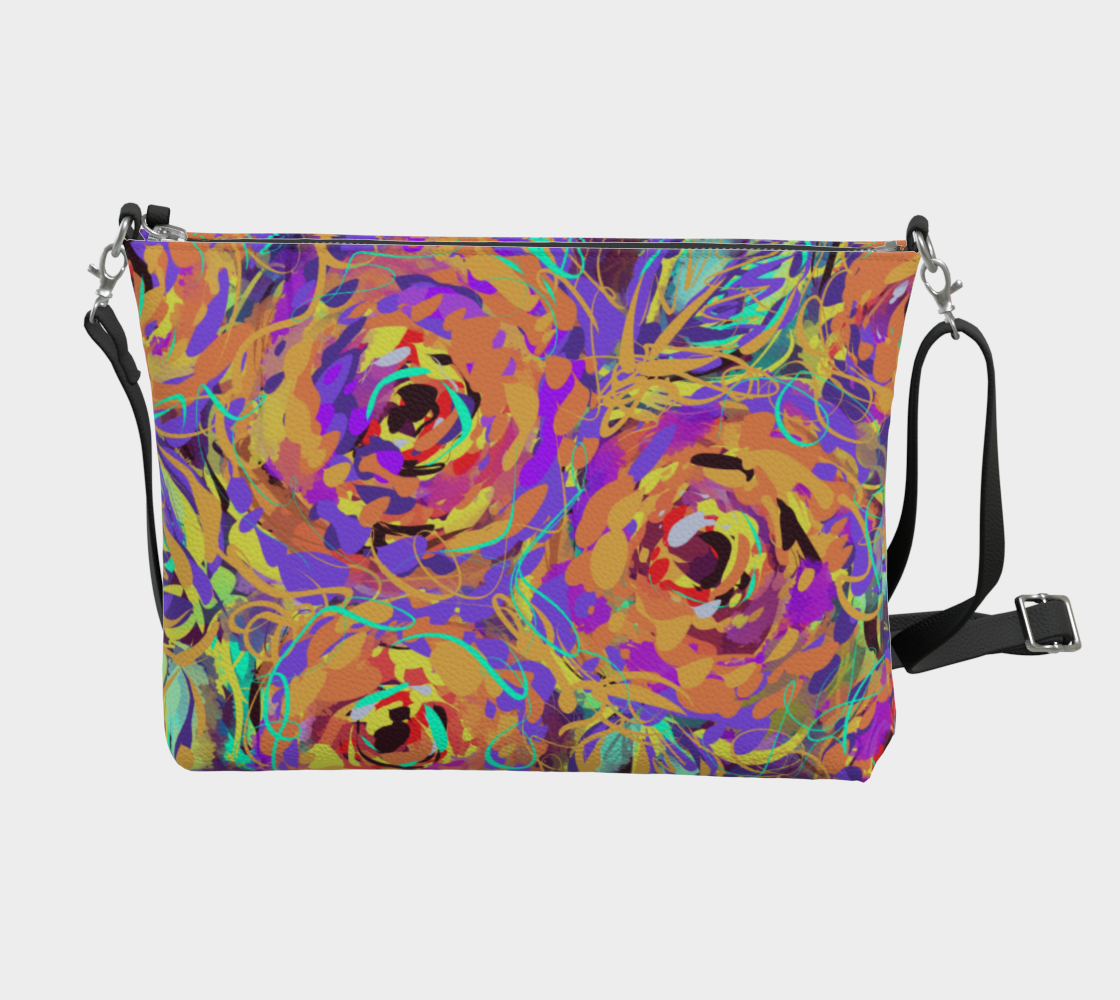 Cordelia Collection Vegan Leather Crossbody Purse in Floral, back view. This stylish purse features a vibrant floral print on eco-conscious vegan leather. With adjustable straps and a secure metal zipper, it combines modern design with practicality for those on the move.