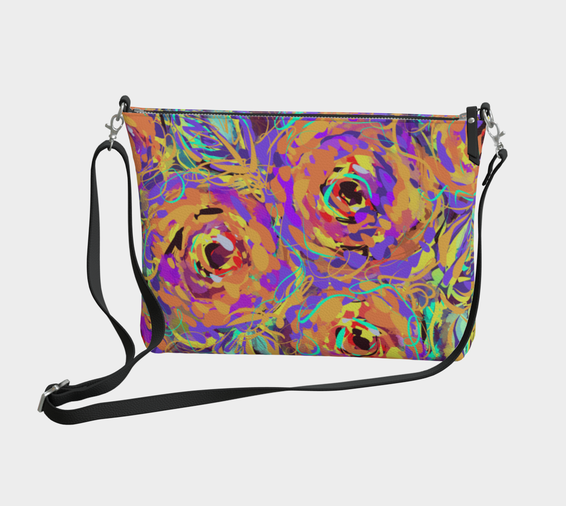 Cordelia Collection Vegan Leather Crossbody Purse in Floral, front view. Featuring bold rose patterns in purple, yellow, and blue, this compact yet stylish purse is made from high-quality vegan pebble leather. With durable metal hardware and a secure zipper, it's the perfect accessory for those on the go.