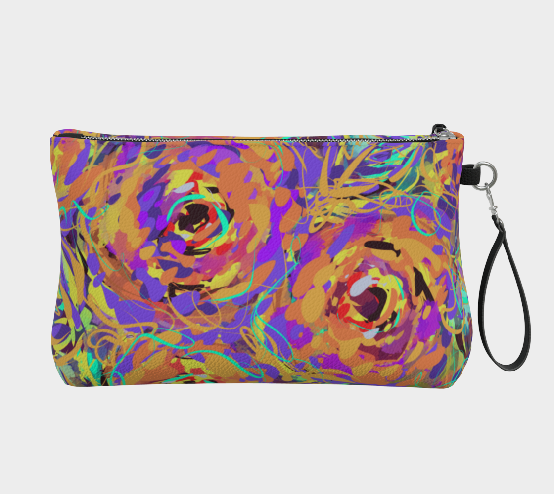 Cordelia Collection Vegan Leather Makeup Bag in Floral, back view. The stylish floral design in purple, yellow, and blue adds a bold touch to this eco-conscious makeup bag, made from durable vegan leather with a navy blue twill lining for added elegance.