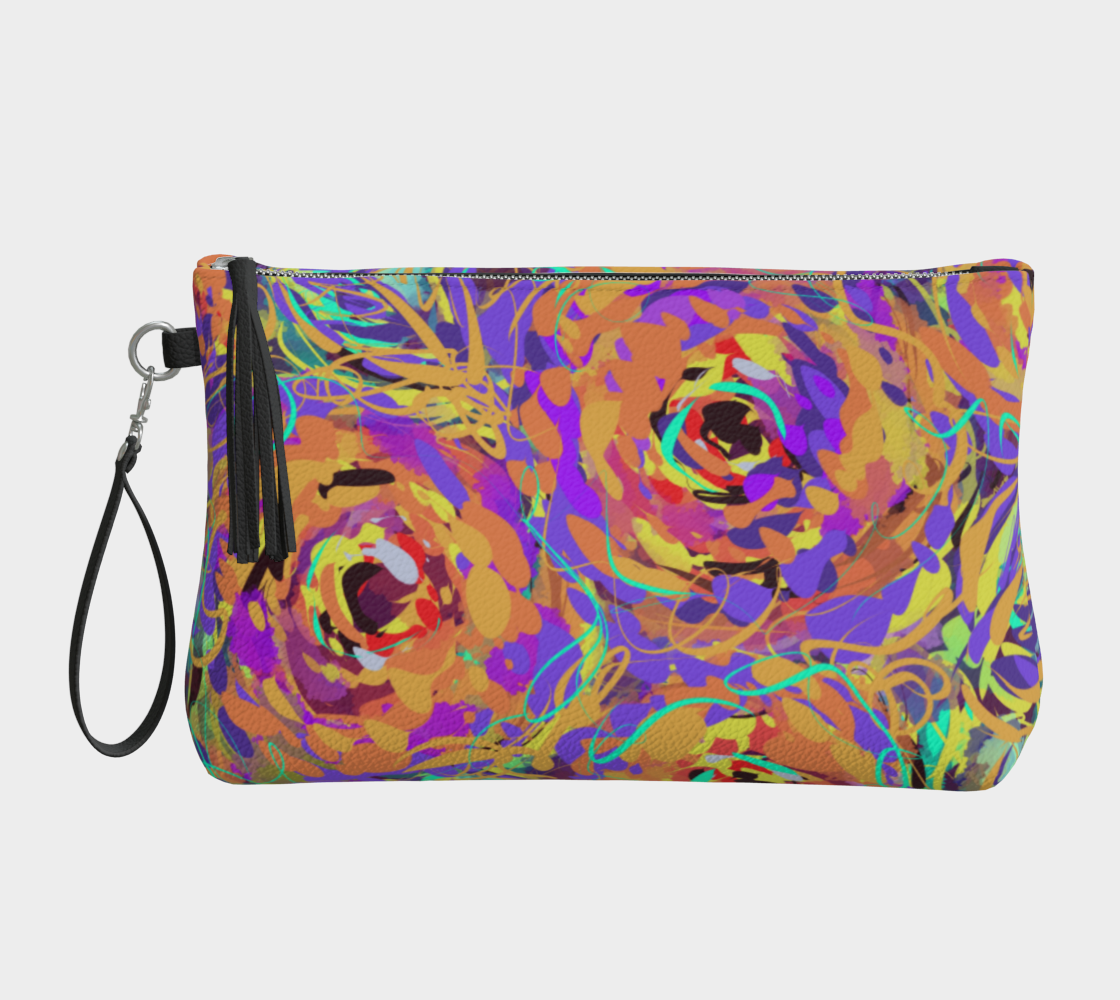 Cordelia Collection Vegan Leather Makeup Bag in Floral, front view. Crafted from eco-friendly vegan pebble leather, this chic makeup bag features vibrant purple, yellow, and blue rose patterns. It includes a secure metal zipper with a fashionable tassel and a convenient wristlet strap for effortless carrying.