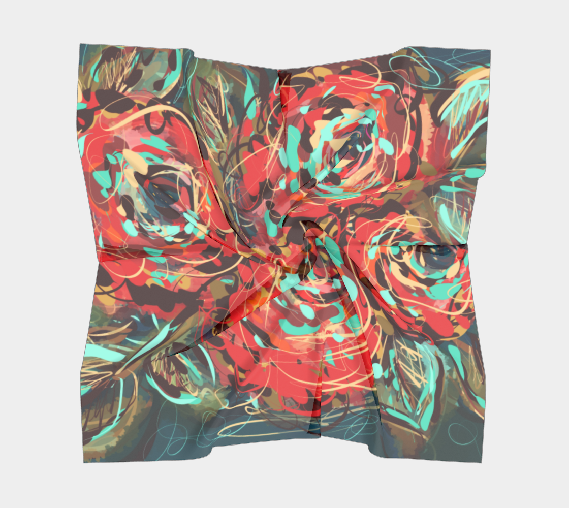 Le Rous Collection Square Scarf in Floral, flat view. Featuring lush red roses intertwined with bold teal and earthy tones, this scarf celebrates the raw beauty of nature with vibrant colors and expressive brushstrokes.